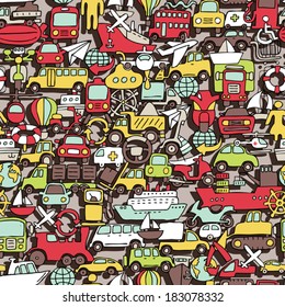 Transportation seamless pattern (repeated) with mini doodle drawings (icons). Illustration is in eps8 vector mode.