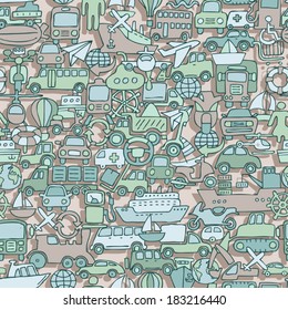 Transportation seamless pattern (repeated) with mini doodle drawings (icons). Illustration is in eps8 vector mode.