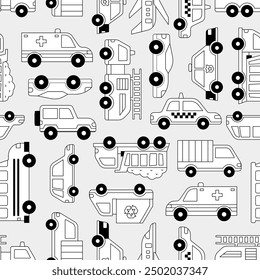 Transportation seamless pattern vehicle drawing doodle children vector busy city flat set collection cars, trucks, firetruck, taxi, ambulance, airplane, dump truck, jeep