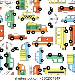 Transportation seamless pattern vehicle drawing doodle children vector busy city flat set collection cars, trucks, firetruck, taxi, ambulance, airplane, dump truck, jeep