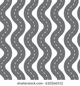 Transportation seamless vector background .Curved long road with white lines. Black and white Vector illustration.