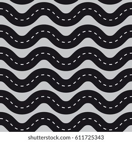 Transportation seamless vector background .Curved long road with white lines. Black and white Vector illustration.