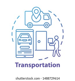 Transportation service concept icon. Express home delivery business idea thin line illustration. Taxi call application. Van, smartphone and courier with package vector isolated outline drawing