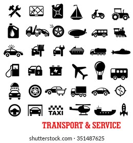 Transportation and service flat icons with car, truck, wheel, train, bus, ship,  airplane,  oil, taxi, tire, balloon, wash, tow, sailboat, fuel station, police, submarine, rocket, navigation, airship