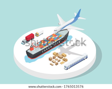 Transportation service third party logistics airplane ship truck train with isometric 3d flat cartoon style