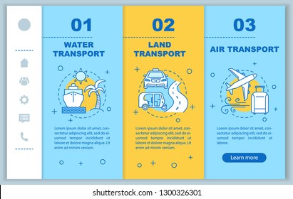 Transportation services mobile app page screen vector template. Travelling via bus, boat, plane. Water, land, air transport walkthrough with linear illustrations. UX, GUI smartphone interface concept