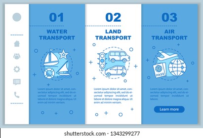Transportation services onboarding mobile web pages vector template. Responsive smartphone interface idea with linear illustrations. Water, land transport webpage walkthrough steps. Color concept