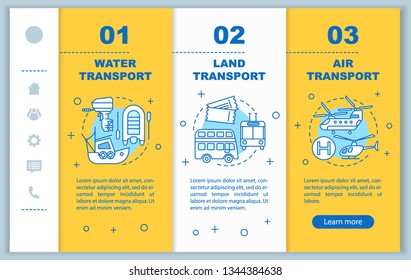 Transportation services onboarding mobile web pages vector template. Responsive smartphone interface idea with linear illustrations. Water, air transport webpage walkthrough steps. Color concept