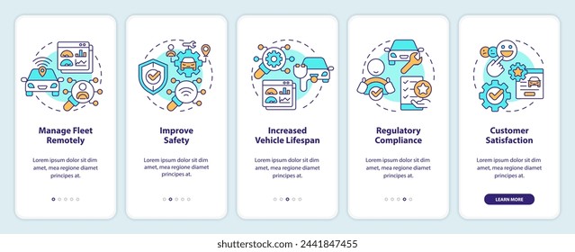 Transportation services reliability onboarding mobile app screen. Walkthrough 5 steps editable graphic instructions with linear concepts. UI, UX, GUI template. Myriad Pro-Bold, Regular fonts used