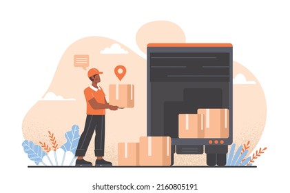 Transportation services of things. Moving of items to destination. Man puts cardboard boxes in truck container. Advertising banner for delivery or global logistics. Cartoon flat vector illustration.