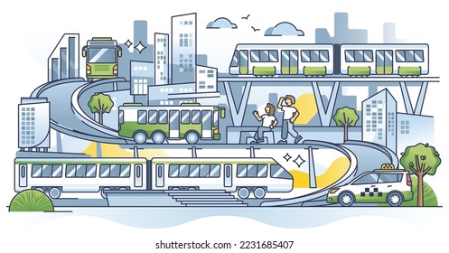 Transportation services and urban road or rail infrastructure outline concept. Public bus, train, metro or taxi car for passenger movement network vector illustration. City transport connections.