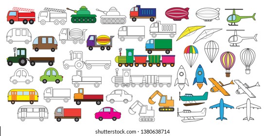 Transportation. Set of cars icons. Coloring book. Vector illustration.