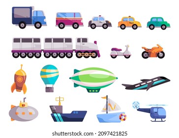 transportation set collection kids fun colorful toys ship boat car bike motor cycle train van helicopter rocket balloon   
