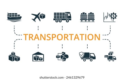 Juego de Transportes. Iconos creativos. Elementos editables.