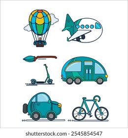 Conjunto de Transporte. Un conjunto de ilustraciones de transporte amigables, que incluyen una bicicleta, un coche eléctrico, una scooter, una autocaravana y un globo aerostático. Perfecto para diseños de viajes sostenibles.