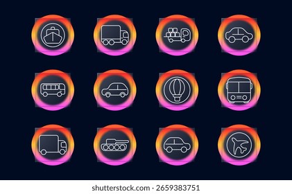 Ícone do conjunto de transporte. Gráficos delineados de navio, caminhão, reboque, carro, ônibus, balão, tanque, avião dentro de círculos de gradiente brilhante no fundo escuro.