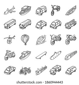 Transportation Set Icon Vector. Hand drawn style and black outline.