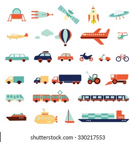  transportation set, icons collection, travel set of  cars,  air-balloon, ships, bike, helicopter, airplane, ufo, train, bus, submarine, motorbike, moped, satellite, illustration elements, vector