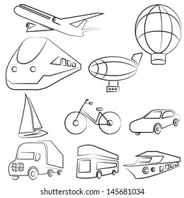 transportation set, icons set, drawing line style, sketching style