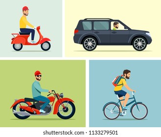 Transportation set. Man rides by transport. Vector flat style illustration