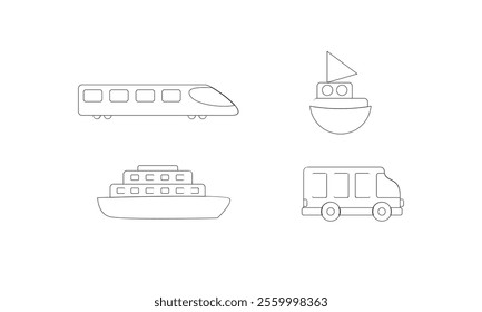 transportation set outline coloring book page line art drawing