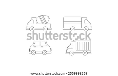 transportation set outline coloring book page line art drawing