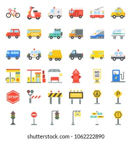 Transportation set with sign on road side, flat icon