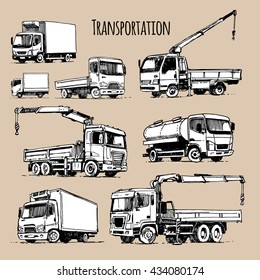 Transportation set. Truck cranes. Milk cistern. Cargo truck