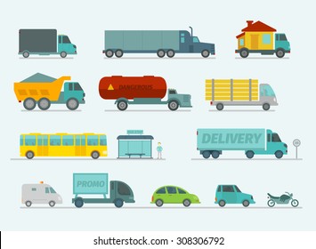 Transportation set. Trucks end bus, passenger cars. Vector illustration