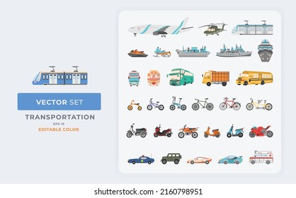 Transportation set vector illustration. Logistic and public vehicles. Color Editable Eps 10.