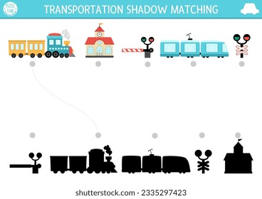 Transportation shadow matching activity. Railway transport puzzle with cute trains, station, semaphores. Find correct silhouette printable worksheet or game. Funny page for kids
