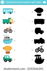 Transportation shadow matching activity. Transport puzzle with cute car, truck, ship, zeppelin, bike, bus. Find correct silhouette printable worksheet or game. Funny page for kids
