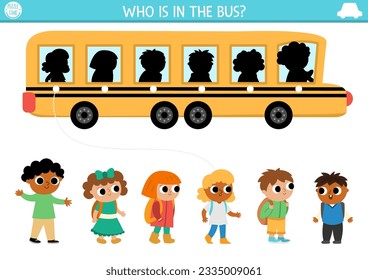 Transportation shadow matching activity. Transport puzzle with cute school bus and pupils. Find correct silhouette printable worksheet or game. Funny back to school page for kids
