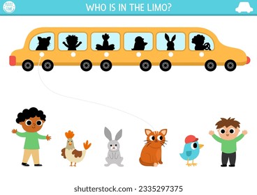 Transportation shadow matching activity. Transport puzzle with cute limousine car and passengers. Find correct silhouette printable worksheet or game. Funny page for kids with animals
