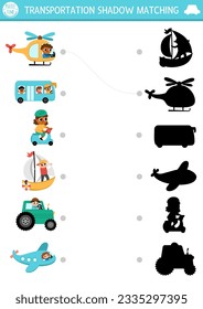 Transportation shadow matching activity. Transport puzzle with cute helicopter, bus, scooter, boat, plane, drivers. Find correct silhouette printable worksheet or game. Funny page for kids
