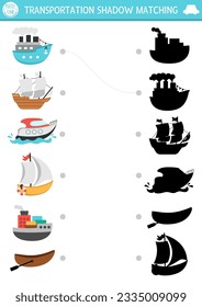 Transportation shadow matching activity. Water transport puzzle with cute ship, yacht, boat, speedboat. Find correct silhouette printable worksheet or game. Funny page for kids
