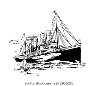 transportation ship of ink drawing and sketch for art print and label design. t-shirt design of ink drawing old ship. black ship for poster