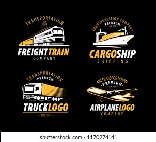 Transportation, shipping logo. Cargo transport, delivery label set. Vector illustration