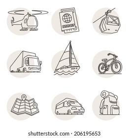Transportation, shipping and travel documents collection. Vector icons set, outlines on pale background.