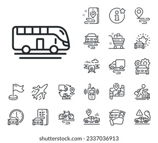 Transportation sign. Plane, supply chain and place location outline icons. Bus tour transport line icon. Tourism or public vehicle symbol. Bus tour line sign. Taxi transport, rent a bike icon. Vector