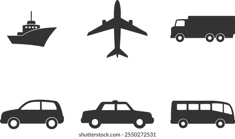 Transport Silhouette Symbol-Set. Flugzeug, Schiff, Auto, Zug, öffentlicher Bus, Auto, Fahrradsymbole im flachen Stil