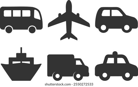 Transport Silhouette Symbol-Set. Flugzeug, Schiff, Auto, Zug, öffentlicher Bus, Auto, Fahrradsymbole im flachen Stil