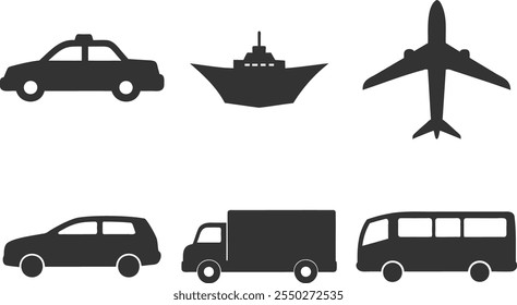 transportation silhouette icon set. airplane, ship, car, train, public bus, auto, bike symbols in flat style