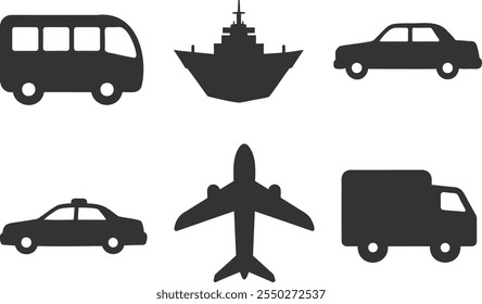 transportation silhouette icon set. airplane, ship, car, train, public bus, auto, bike symbols in flat style