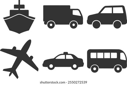 Transport Silhouette Symbol-Set. Flugzeug, Schiff, Auto, Zug, öffentlicher Bus, Auto, Fahrradsymbole im flachen Stil