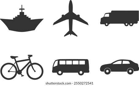 Transport Silhouette Symbol-Set. Flugzeug, Schiff, Auto, Zug, öffentlicher Bus, Auto, Fahrradsymbole im flachen Stil