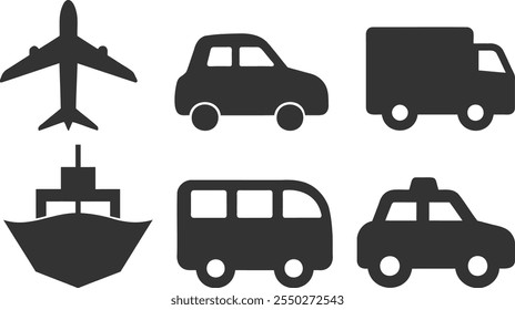 Transport Silhouette Symbol-Set. Flugzeug, Schiff, Auto, Zug, öffentlicher Bus, Auto, Fahrradsymbole im flachen Stil