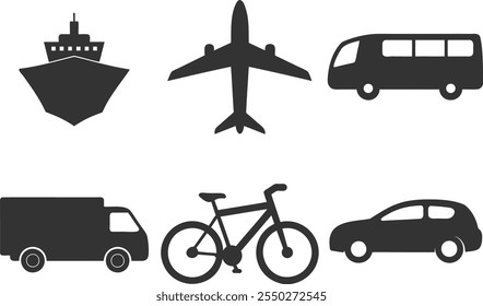 Transport Silhouette Symbol-Set. Flugzeug, Schiff, Auto, Zug, öffentlicher Bus, Auto, Fahrradsymbole im flachen Stil