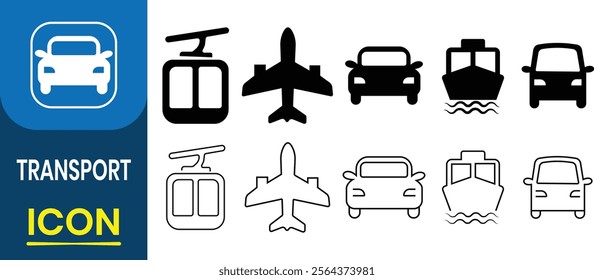 Transportation silhouette icon set. Car icon, vector set. Auto, bus, train, ship, plane and on foot. Public transport, car, bike, train, plane, metro, ship, helicopter Isolated Vector Illustration. 