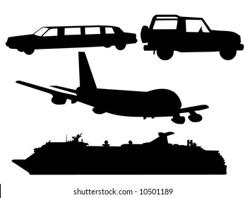 transportation silhouettes plane, cruise ship, limo and SUV